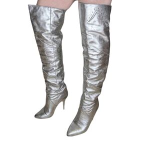 80s Silver Metallic Over The Knee Boots Size 7 *Heels Damaged*